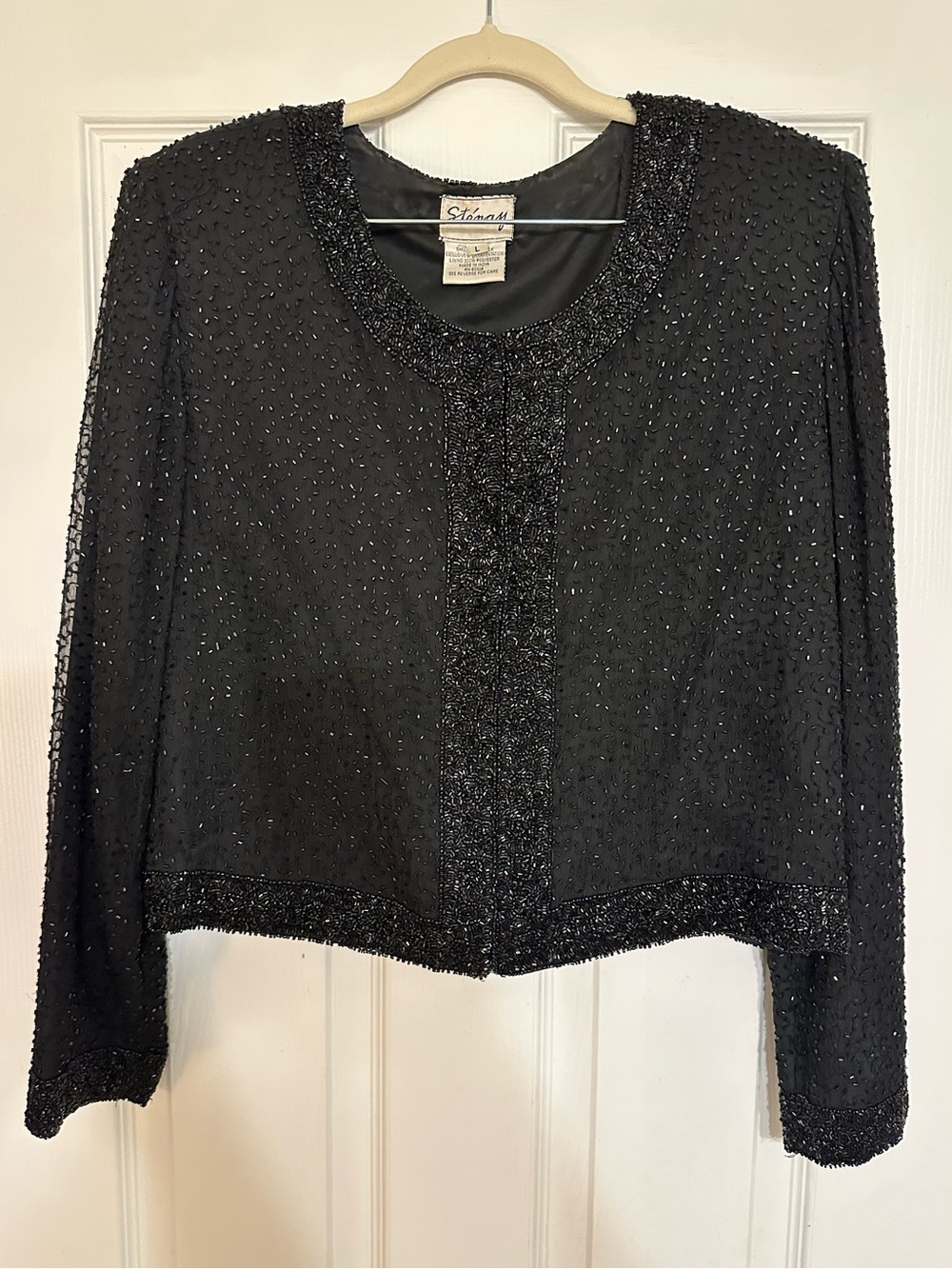 VTG Stenay Womens Black Silk Beaded Mesh Cropped Jacket L Holiday Event Evening